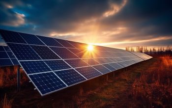 Sunset sky reflects solar panel sustainable power generation generated by artificial intelligence